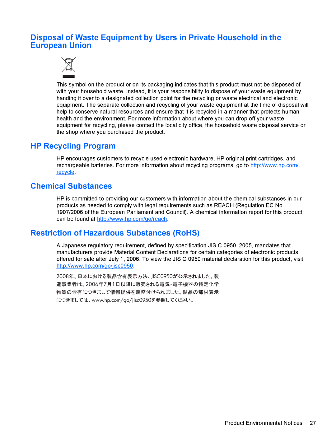 HP CQ1569X, LV1561X manual Product Environmental Notices 