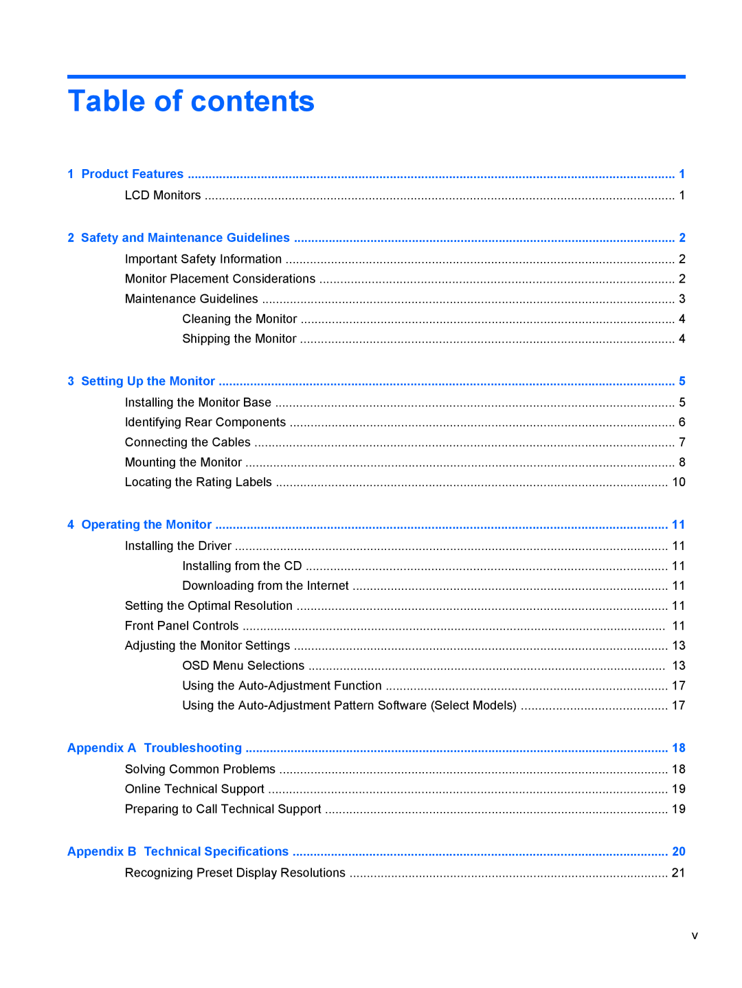 HP CQ1569X, LV1561X manual Table of contents 