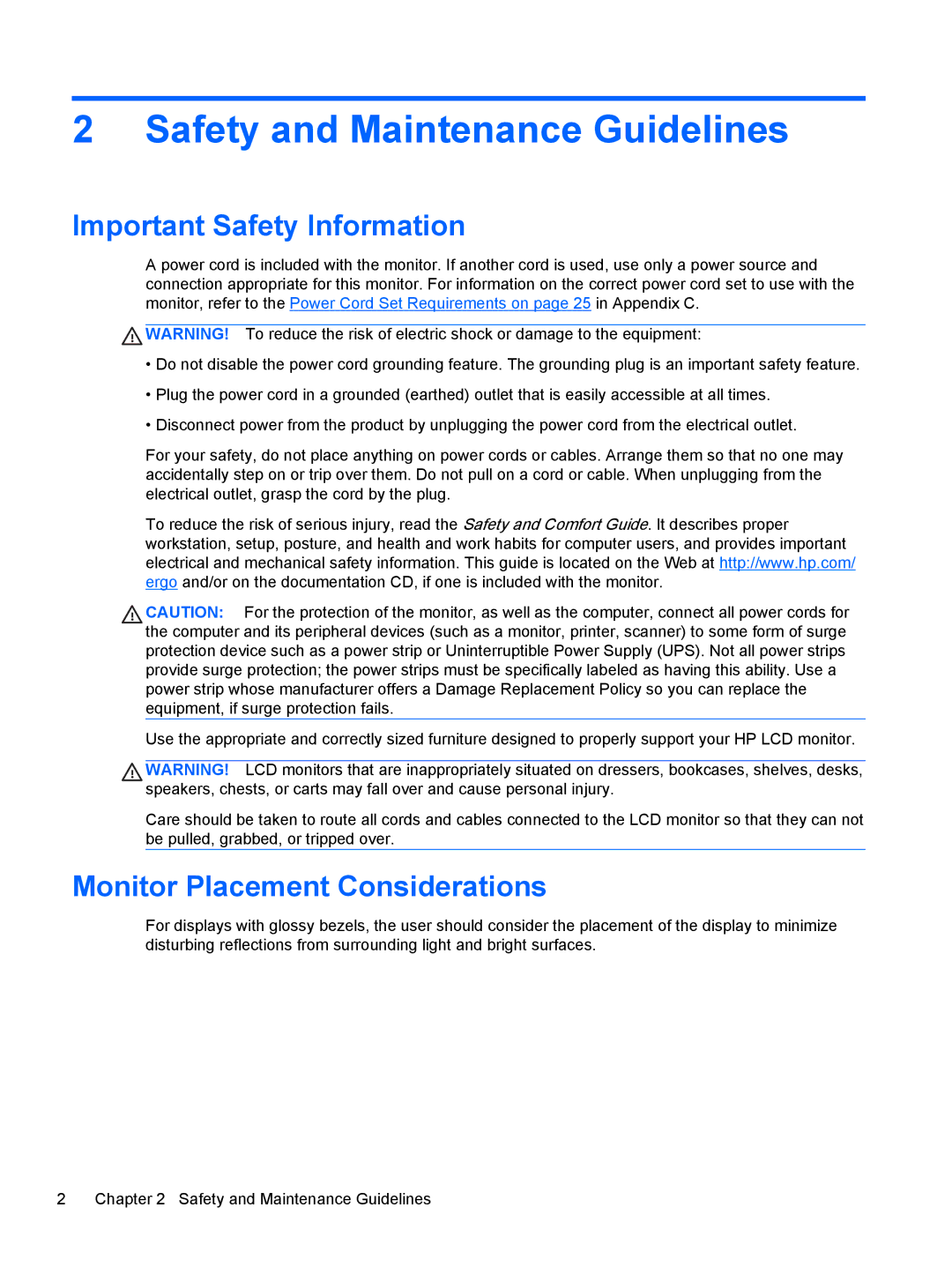 HP LV1561X, CQ1569X manual Safety and Maintenance Guidelines, Important Safety Information, Monitor Placement Considerations 