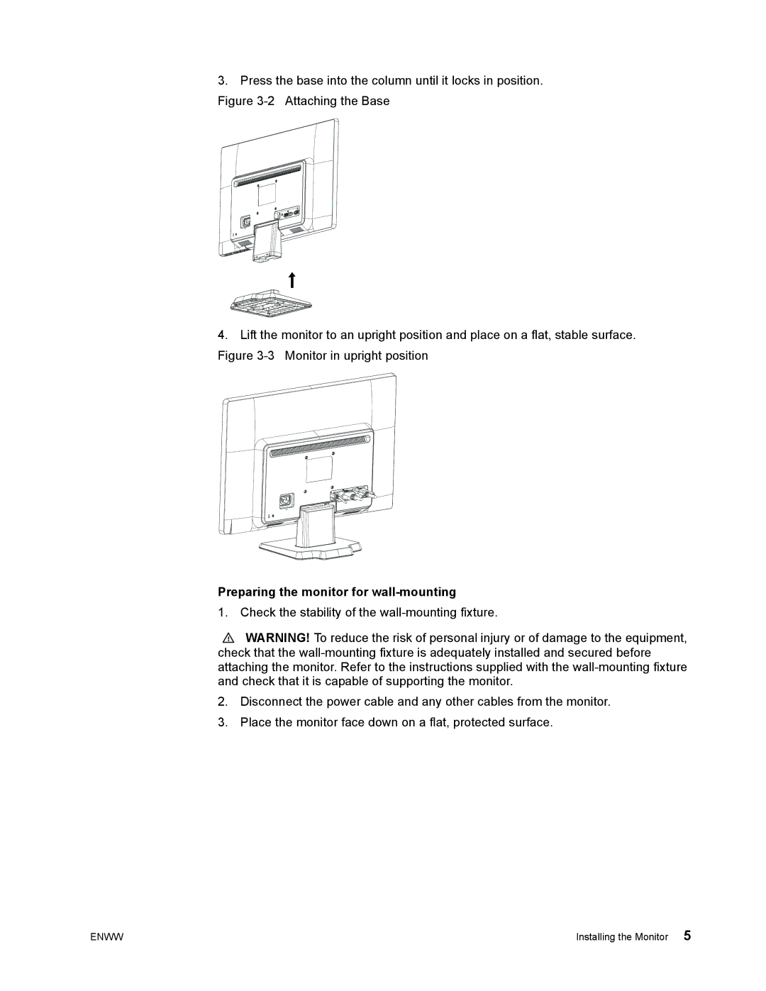 HP LV1911 18.5-inch manual Preparing the monitor for wall-mounting 