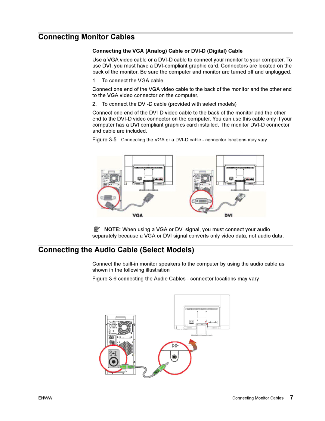 HP LV1911 18.5-inch manual Connecting Monitor Cables, Connecting the Audio Cable Select Models 