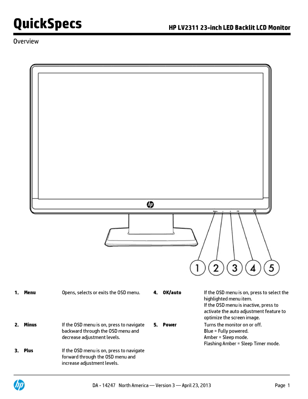 HP LV2311 23' A6B85A8#ABA manual Overview 