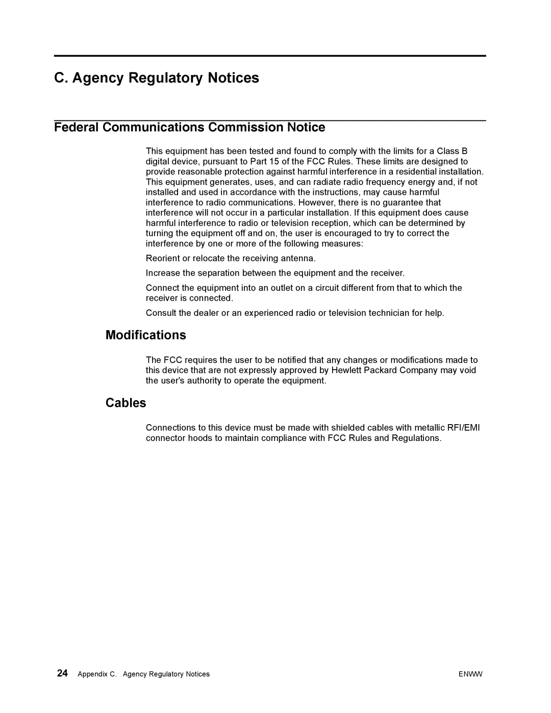 HP Lv2311 A6B85A8ABA manual Agency Regulatory Notices, Federal Communications Commission Notice, Modifications, Cables 