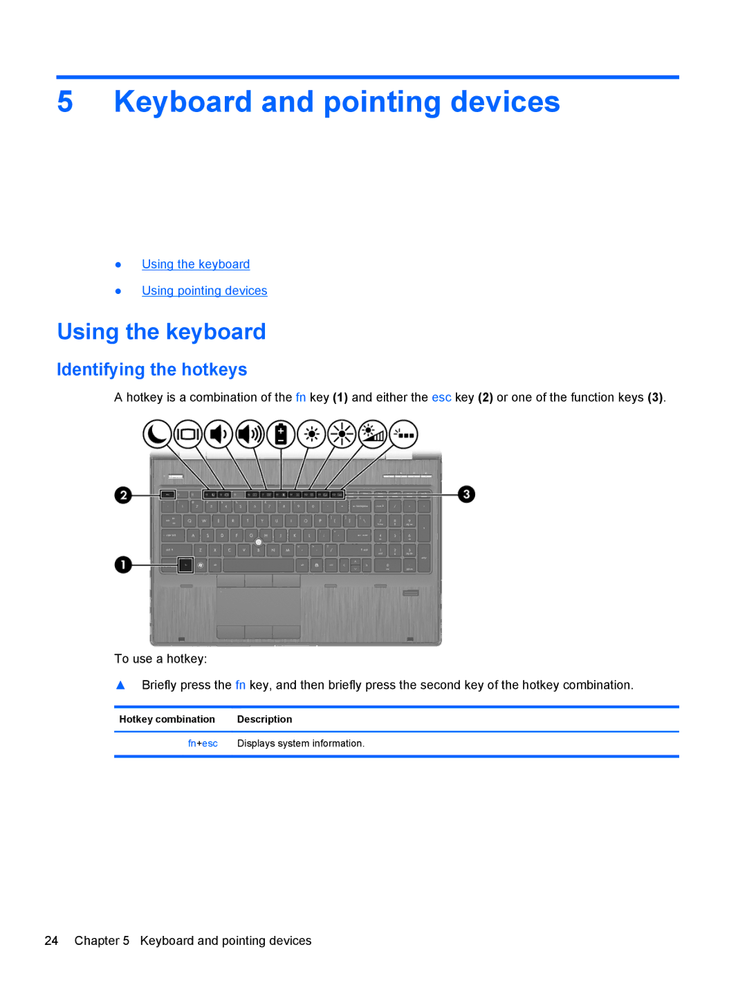 HP LW923AW Keyboard and pointing devices, Using the keyboard, Identifying the hotkeys, Hotkey combination Description 