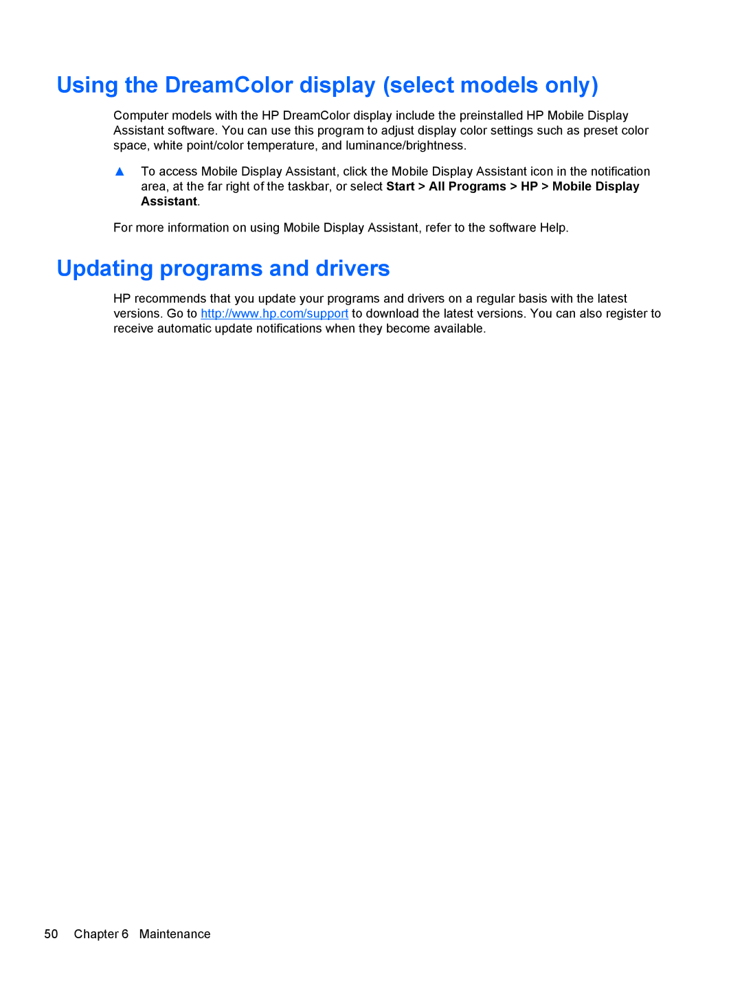 HP LW923AW manual Using the DreamColor display select models only, Updating programs and drivers 