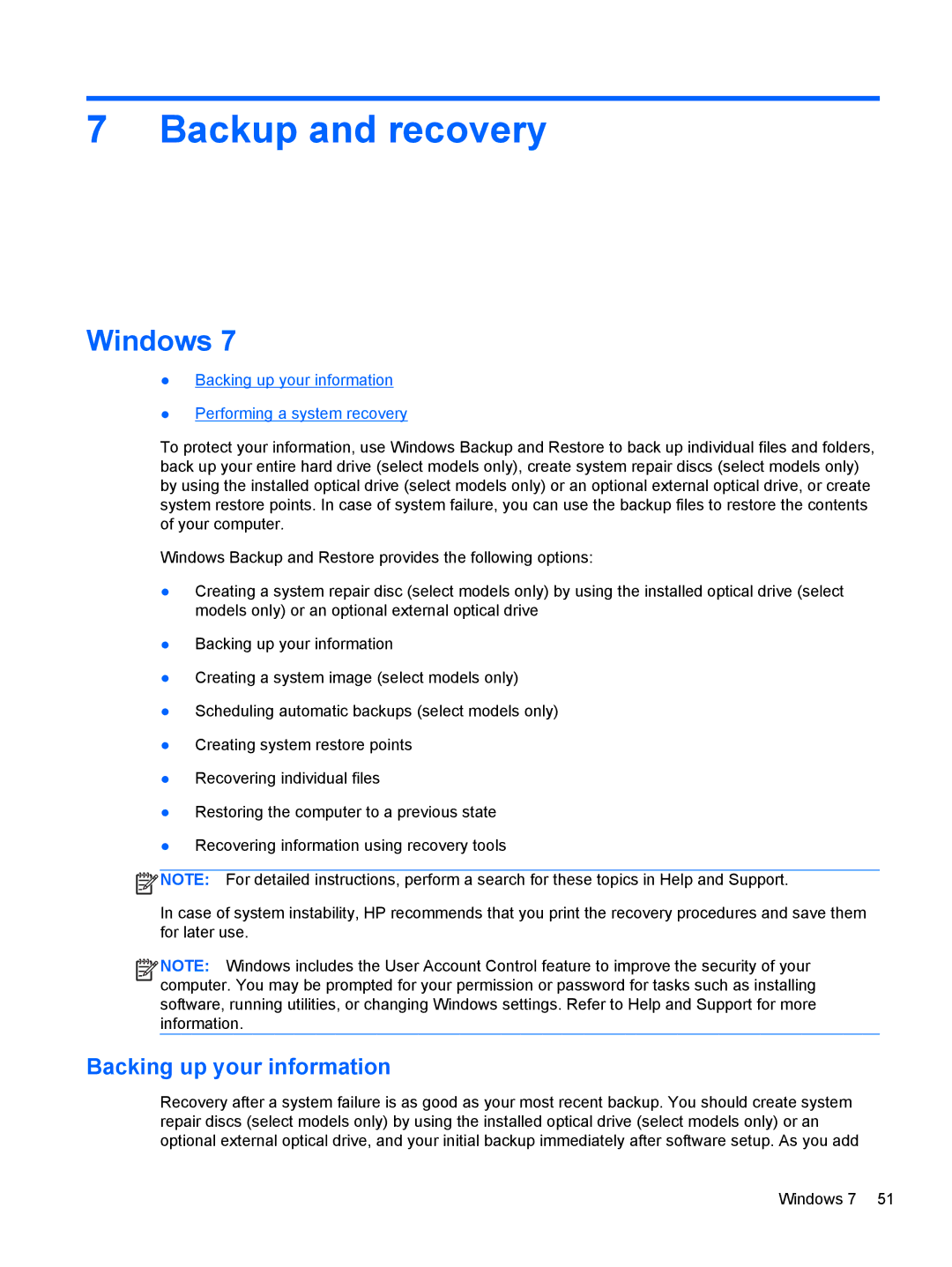 HP LW923AW manual Backup and recovery, Windows, Backing up your information 