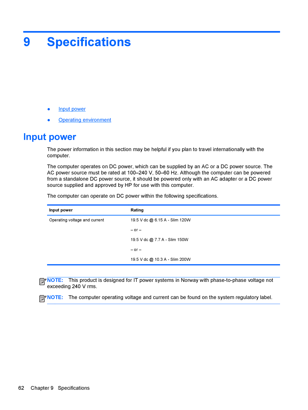 HP LW923AW manual Specifications, Input power Rating 