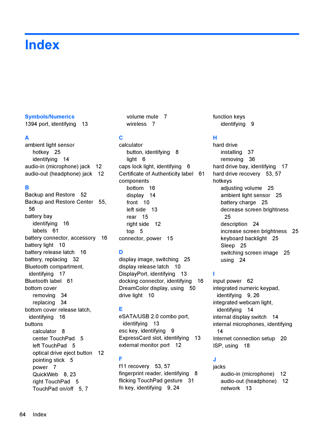 HP LW923AW manual Index, Symbols/Numerics 