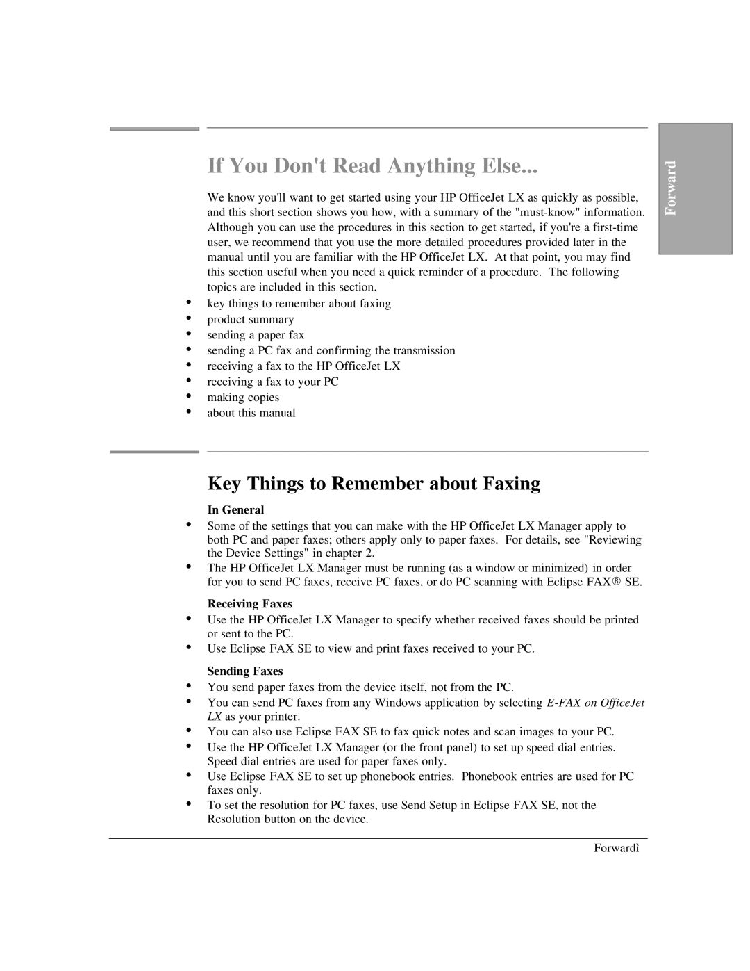 HP LX manual If You Dont Read Anything Else, Key Things to Remember about Faxing 