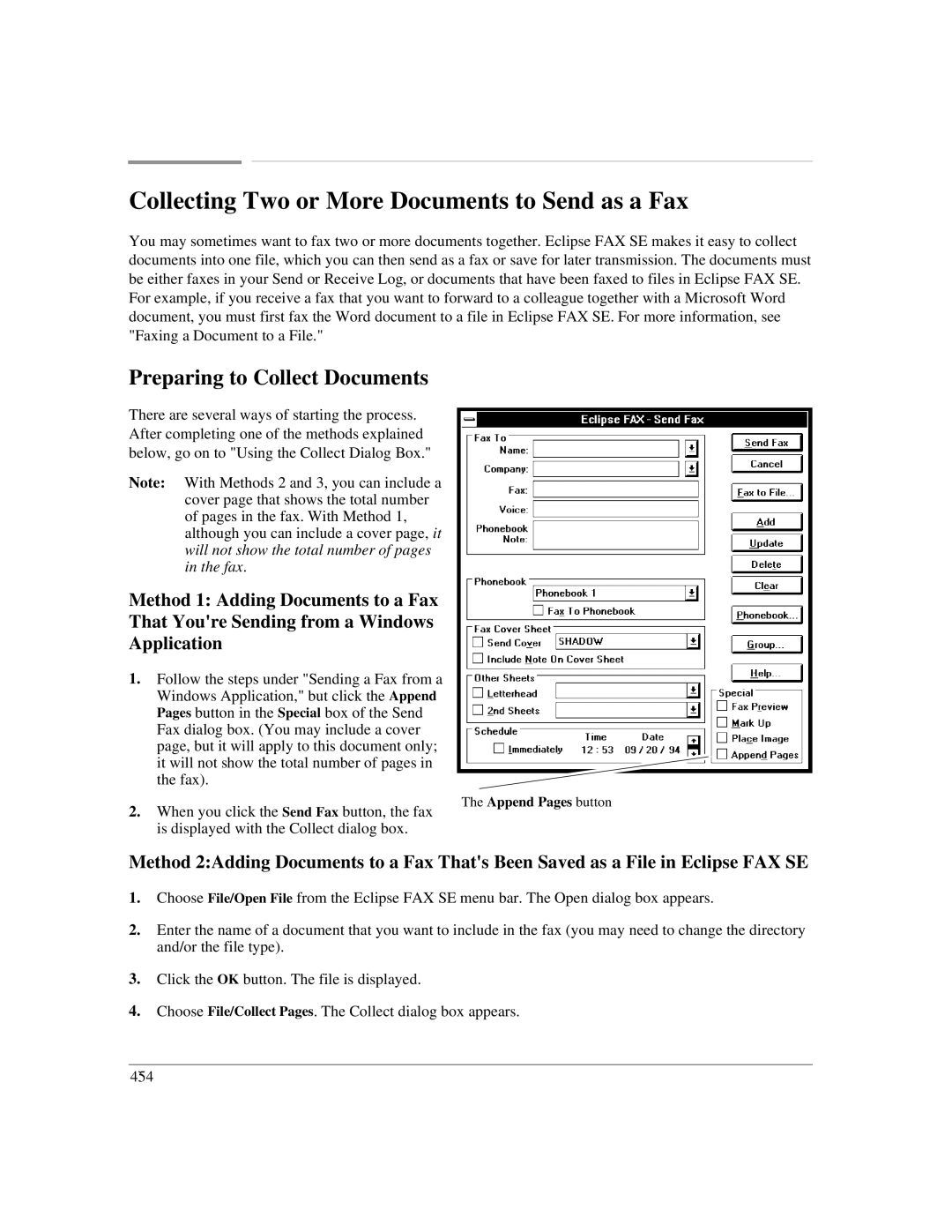 HP LX manual Collecting Two or More Documents to Send as a Fax, Preparing to Collect Documents, Append Pages button 