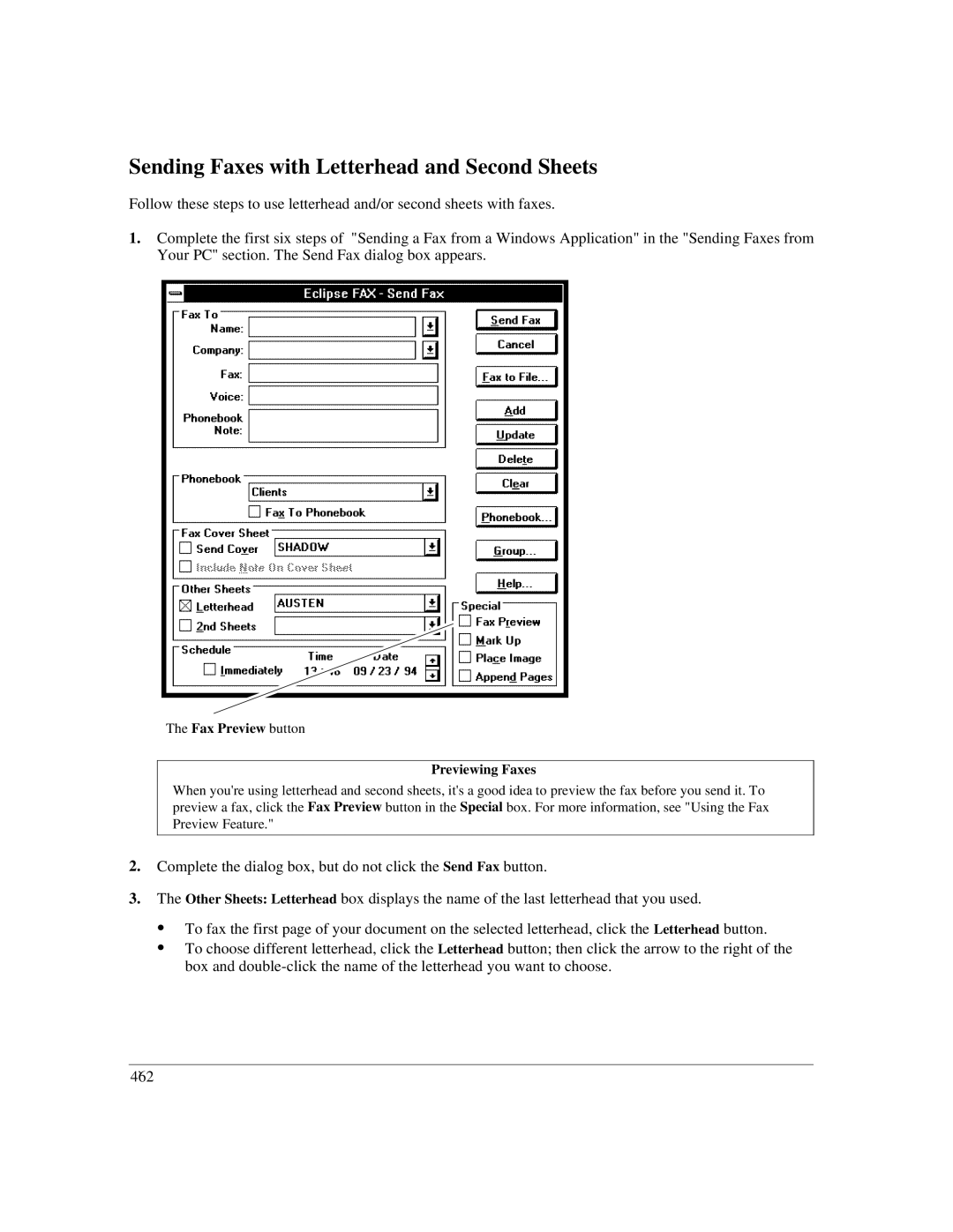 HP LX manual Sending Faxes with Letterhead and Second Sheets, Fax Preview button Previewing Faxes 