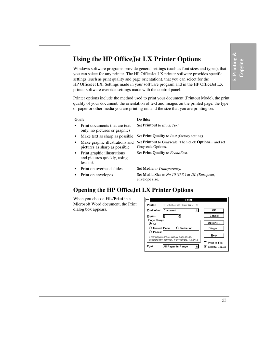 HP manual Using the HP OfficeJet LX Printer Options, Opening the HP OfficeJet LX Printer Options, GoalDo this 