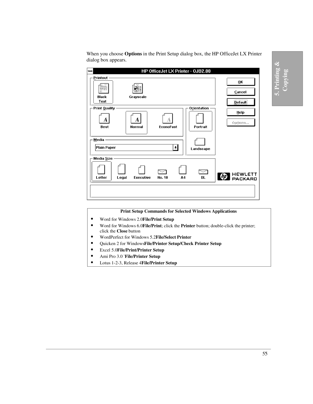 HP LX manual Lotus 1-2-3, Release 4`File/Printer Setup 