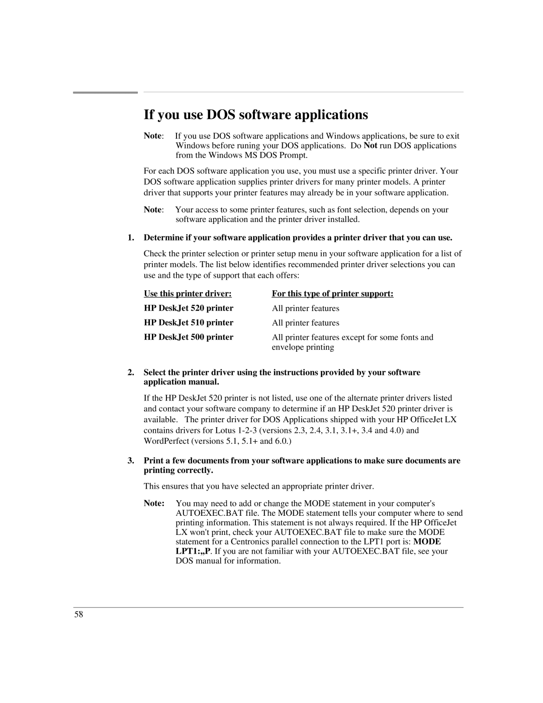 HP LX manual If you use DOS software applications 