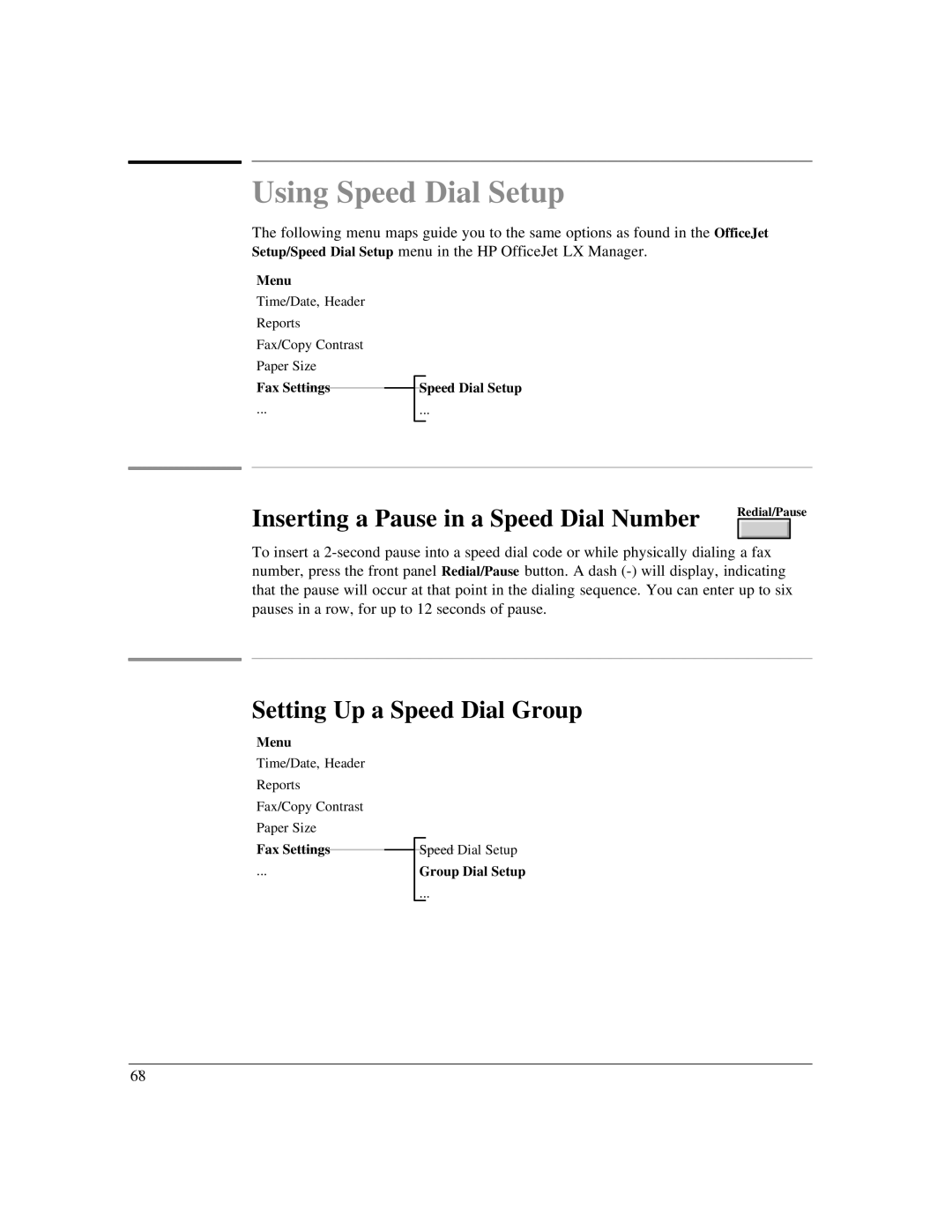 HP LX Using Speed Dial Setup, Inserting a Pause in a Speed Dial Number, Setting Up a Speed Dial Group, Group Dial Setup 