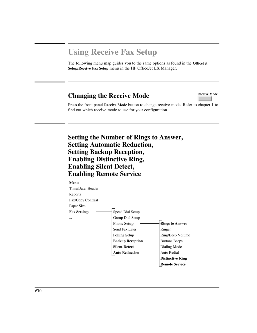 HP LX manual Using Receive Fax Setup, Changing the Receive Mode, Distinctive Ring Remote Service 