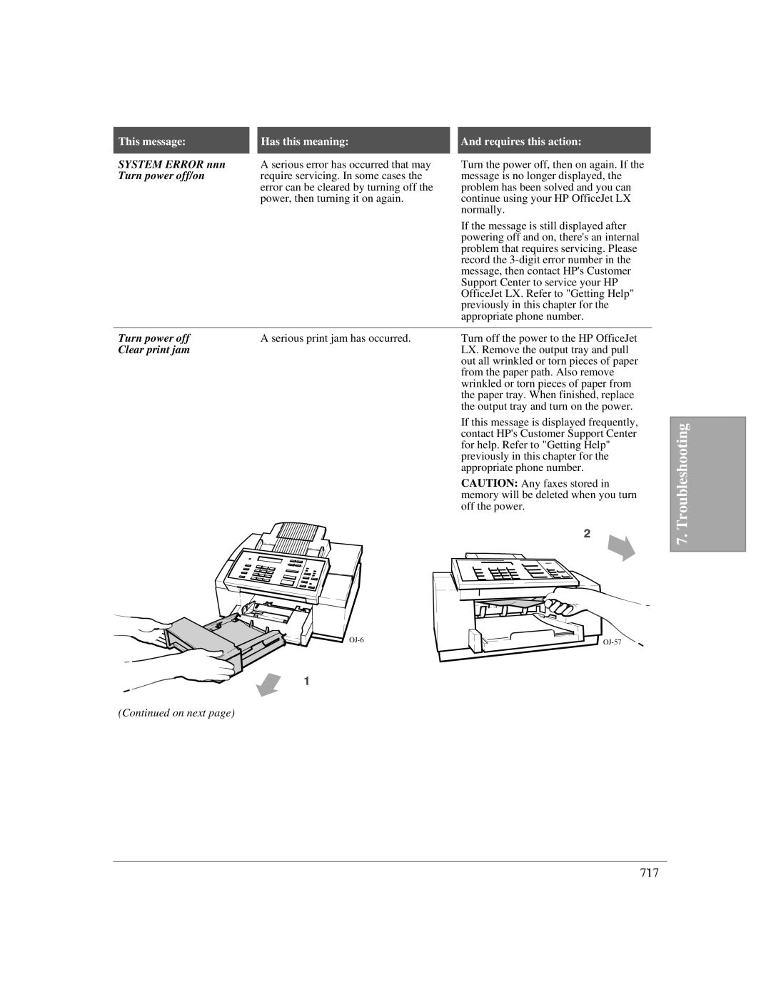 HP LX manual System Error nnn, Turn power off/on 