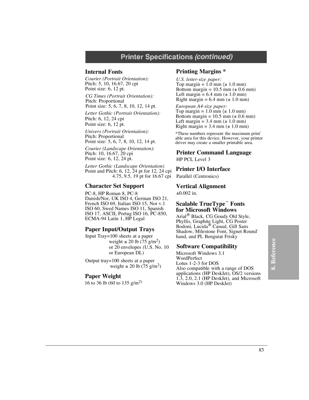 HP LX Internal Fonts, Character Set Support, Paper Input/Output Trays, Paper Weight, Printing Margins, Verticalr Alignment 