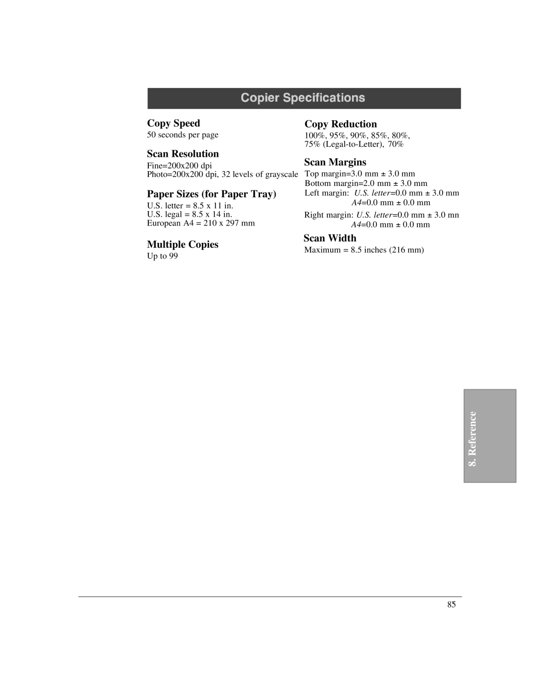 HP LX manual Copy Speed, Copy Reduction, Scan Margins, Scan Width Multiple Copies 