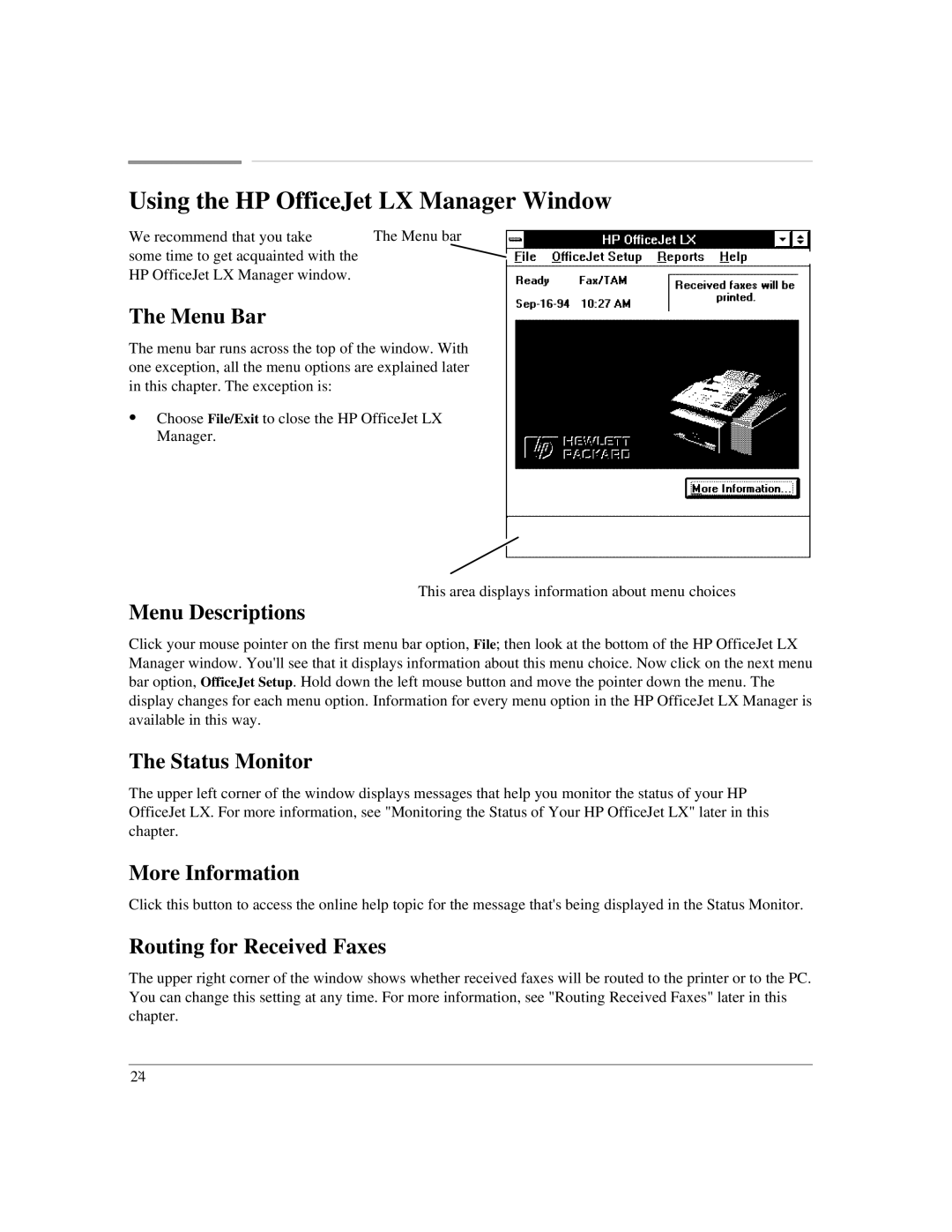 HP manual Using the HP OfficeJet LX Manager Window 