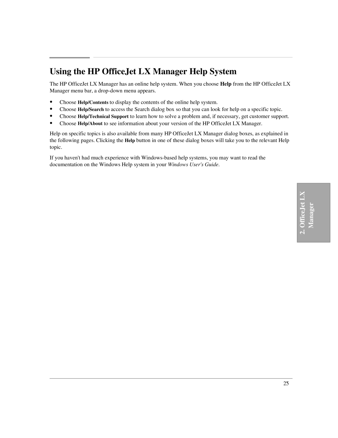 HP manual Using the HP OfficeJet LX Manager Help System 