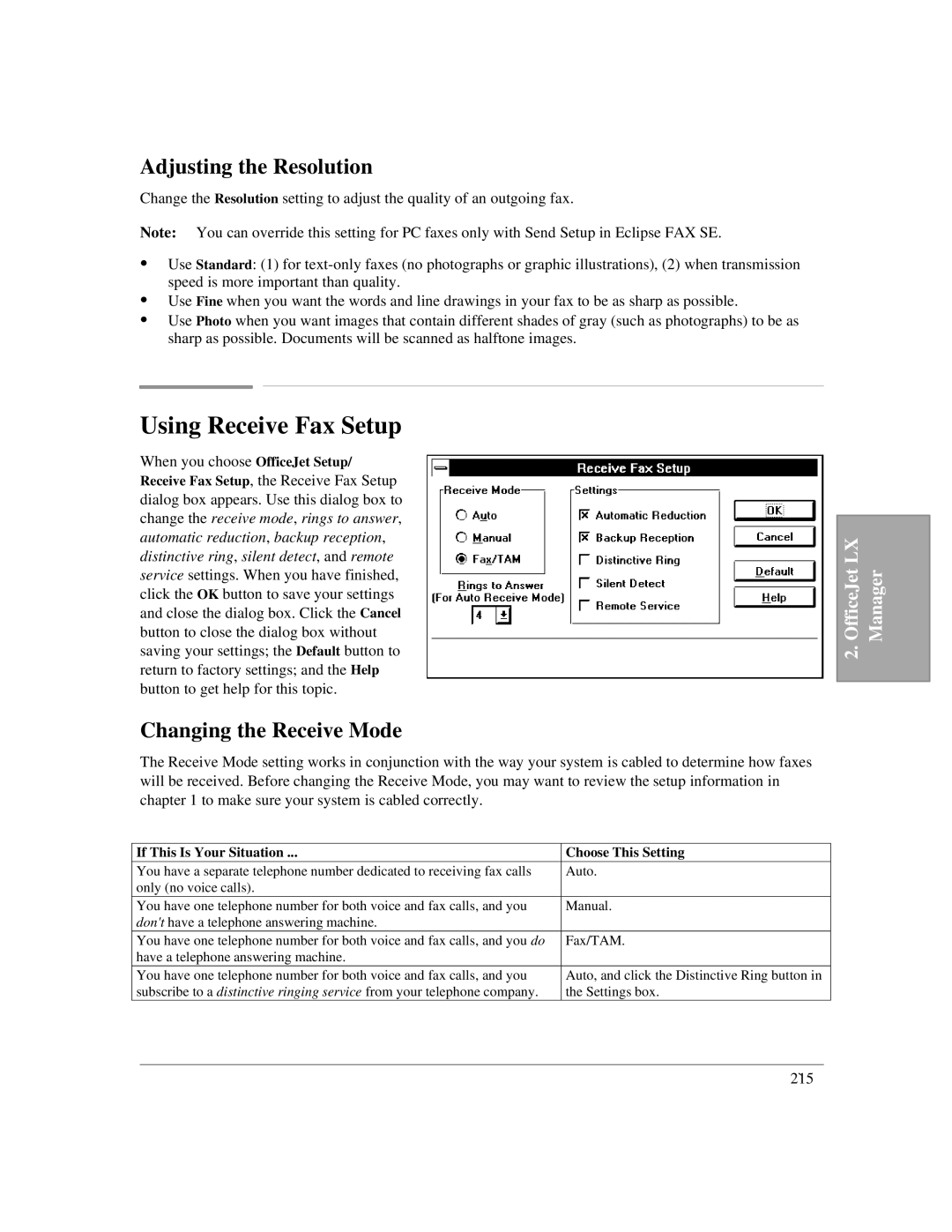 HP LX manual Using Receive Fax Setup, Adjusting the Resolution, Changing the Receive Mode 