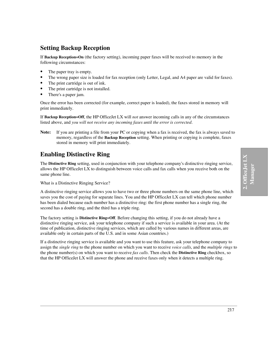 HP LX manual Setting Backup Reception, Enabling Distinctive Ring 