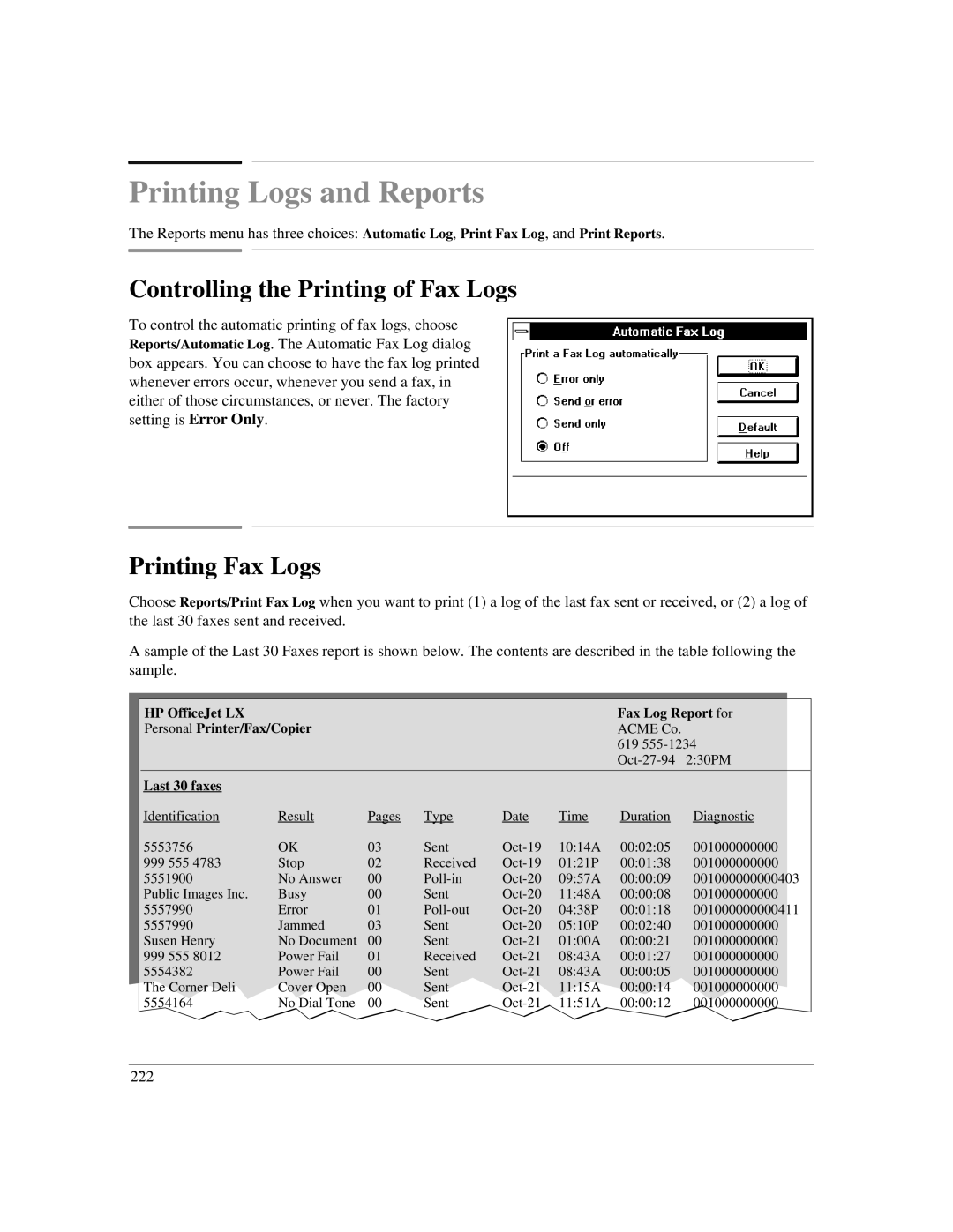 HP LX manual Printing Logs and Reports, Controlling the Printing of Fax Logs, Printing Fax Logs, Last 30 faxes 