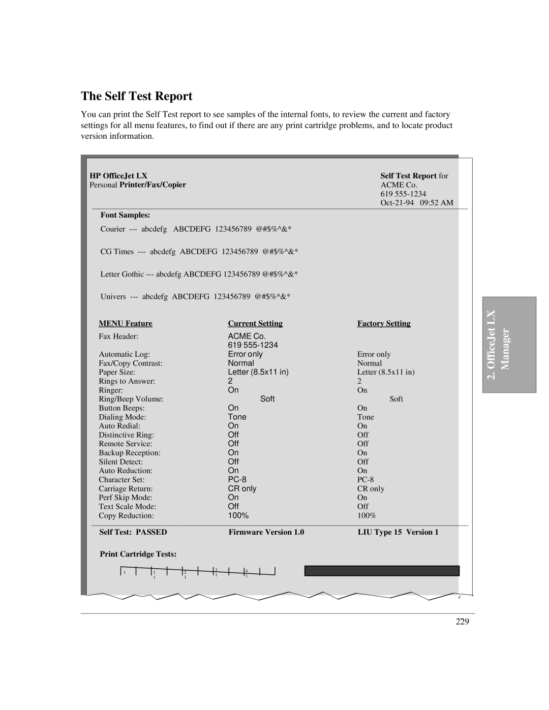 HP LX manual Self Test Report, Font Samples, Menu Feature Current Setting Factory Setting, Acme Co 619 