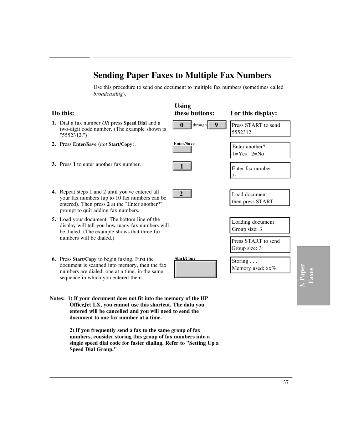 HP LX Sending Paper Faxes to Multiple Fax Numbers, Using These buttons For this display, Press Enter/Save not Start/Copy 