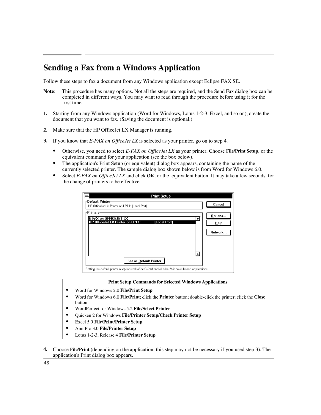 HP LX manual Sending a Fax from a Windows Application, Print Setup Commands for Selected Windows Applications 