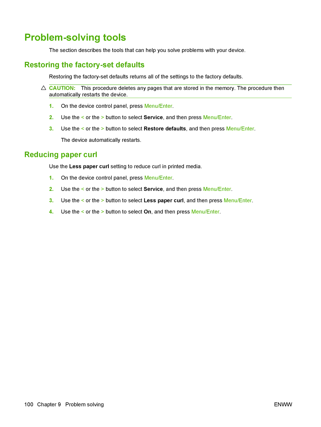 HP M1000 manual Problem-solving tools, Restoring the factory-set defaults, Reducing paper curl 