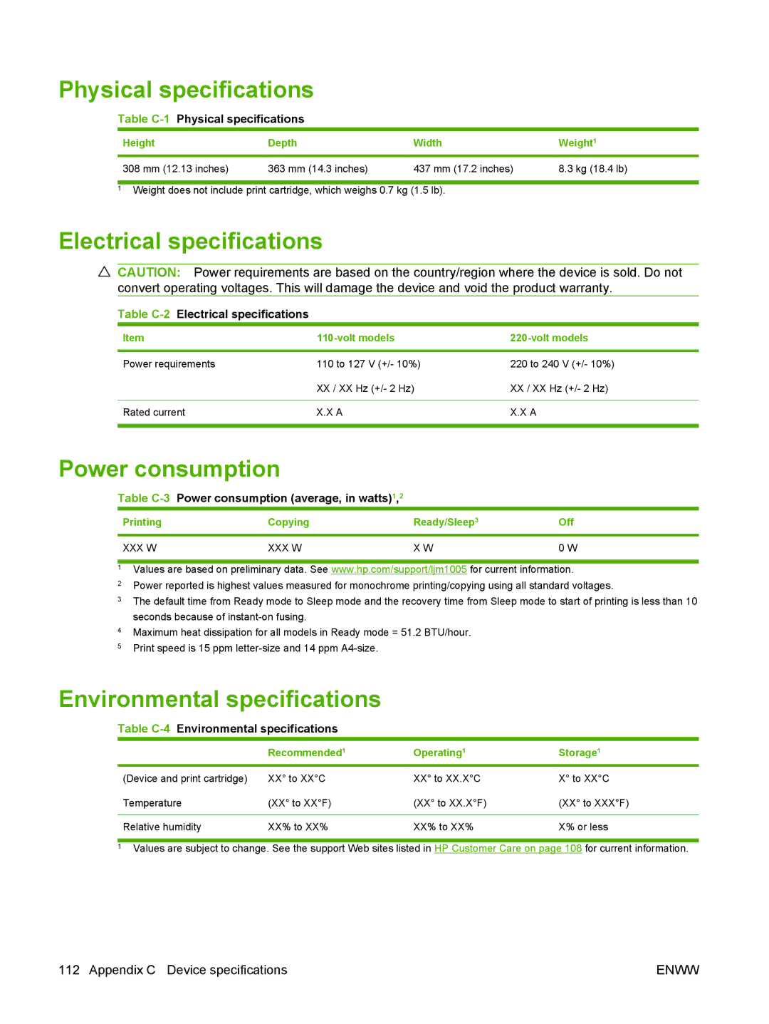 HP M1000 manual Physical specifications, Electrical specifications, Power consumption, Environmental specifications 