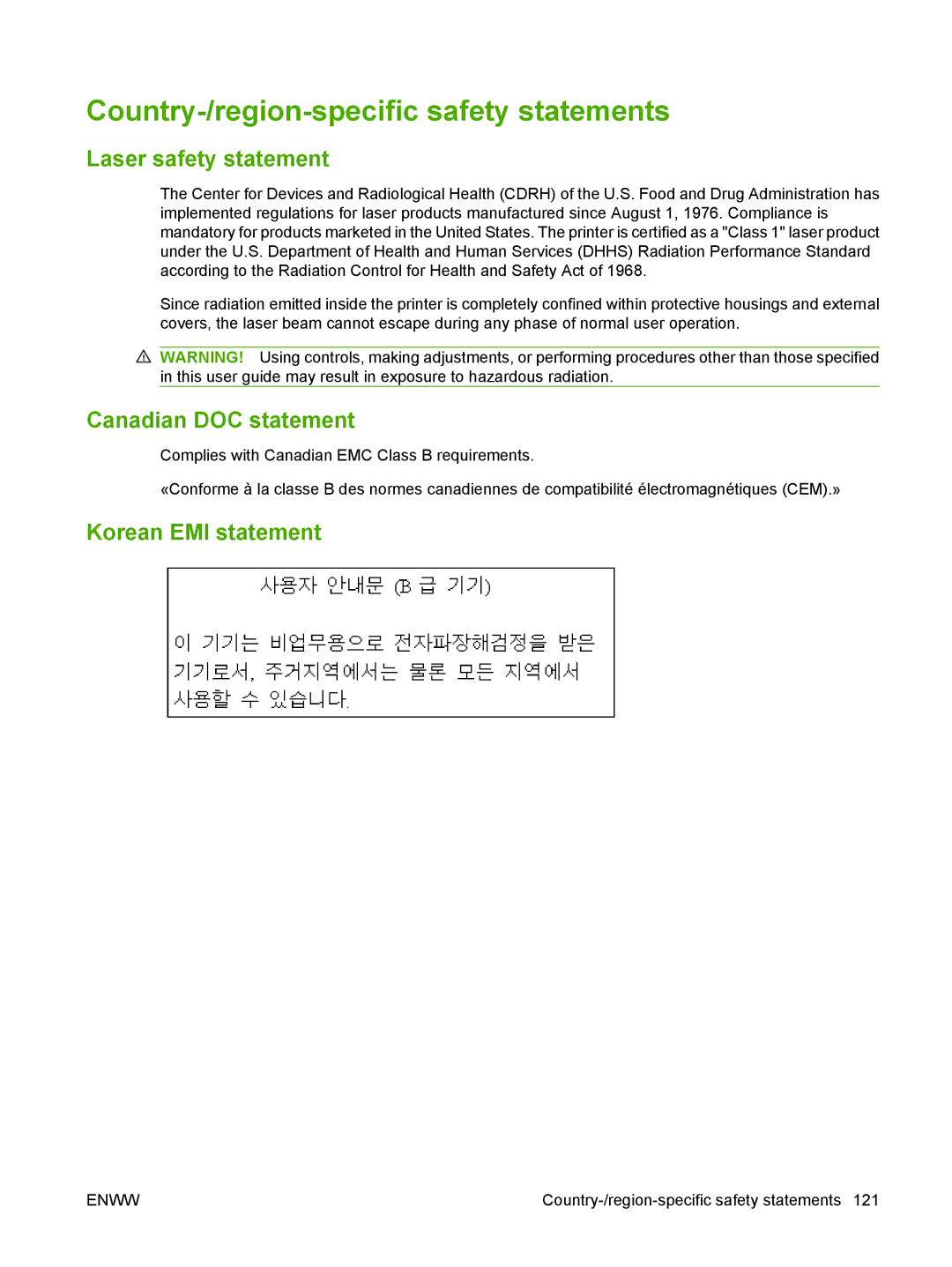 HP M1000 Country-/region-specific safety statements, Laser safety statement, Canadian DOC statement, Korean EMI statement 