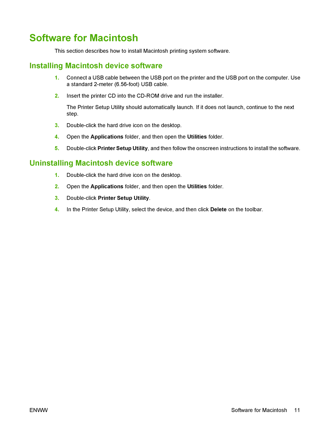HP M1000 manual Software for Macintosh, Installing Macintosh device software, Uninstalling Macintosh device software 