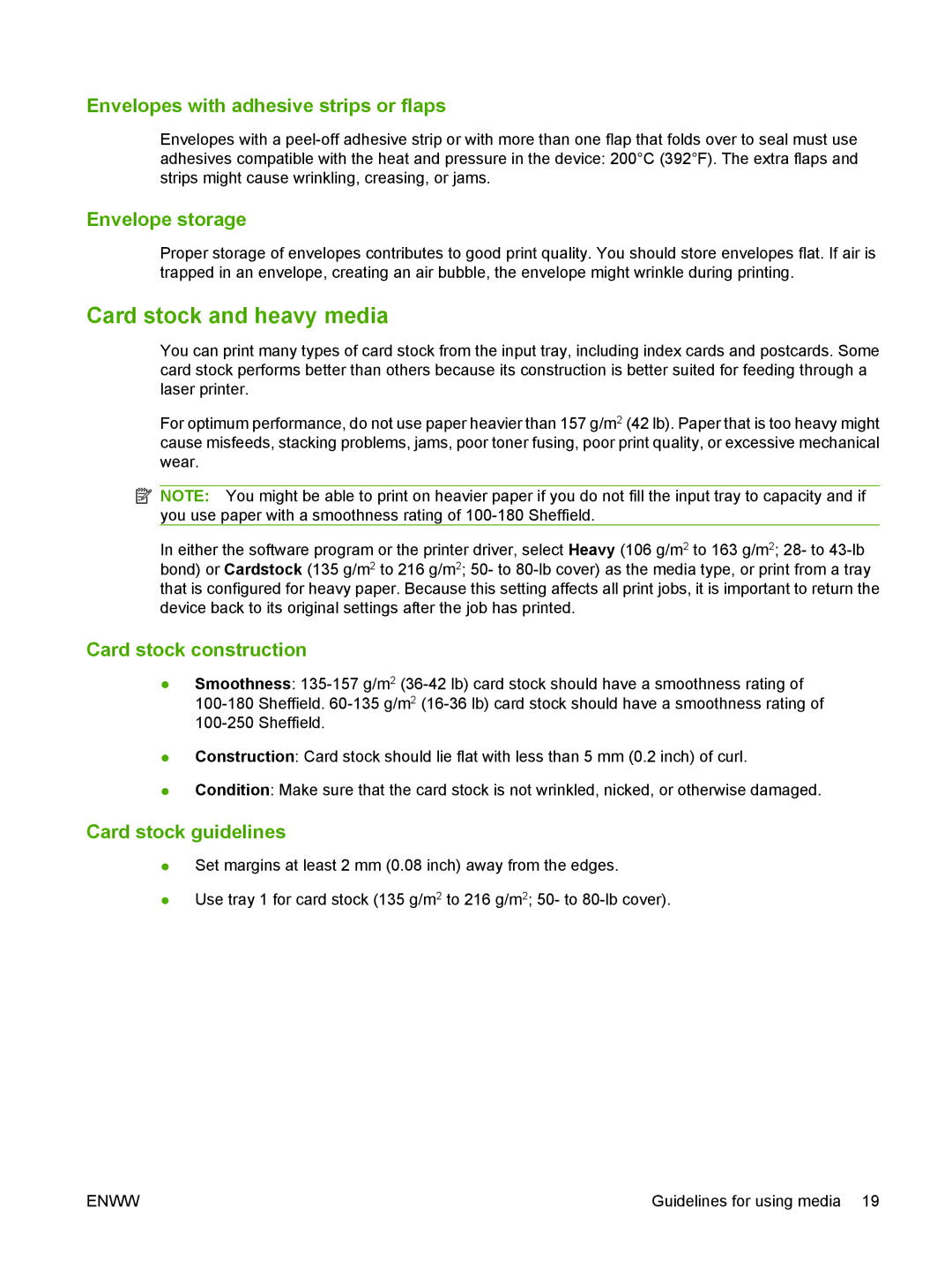 HP M1000 Card stock and heavy media, Envelopes with adhesive strips or flaps, Envelope storage, Card stock construction 