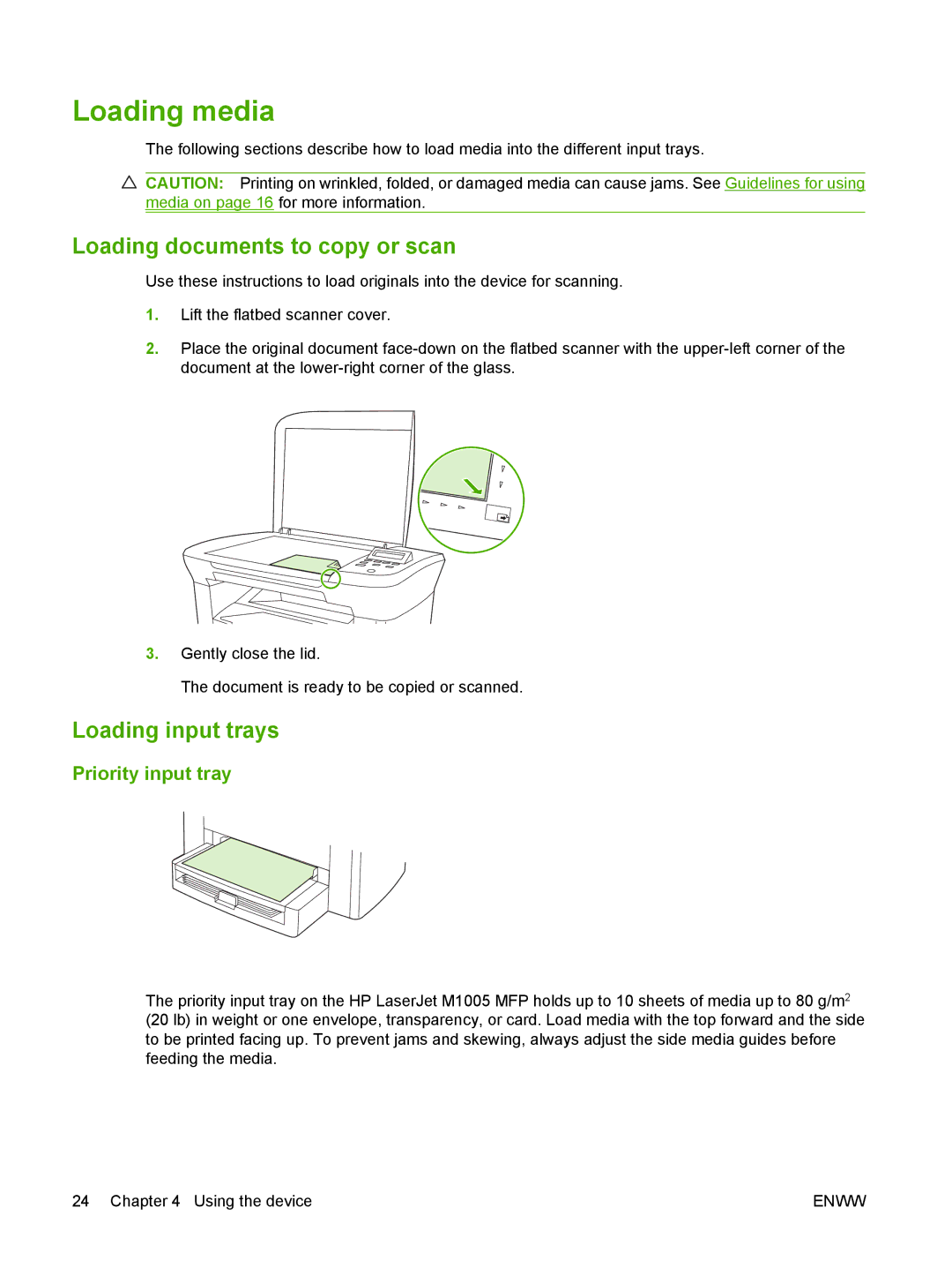 HP M1000 manual Loading media, Loading documents to copy or scan, Loading input trays, Priority input tray 