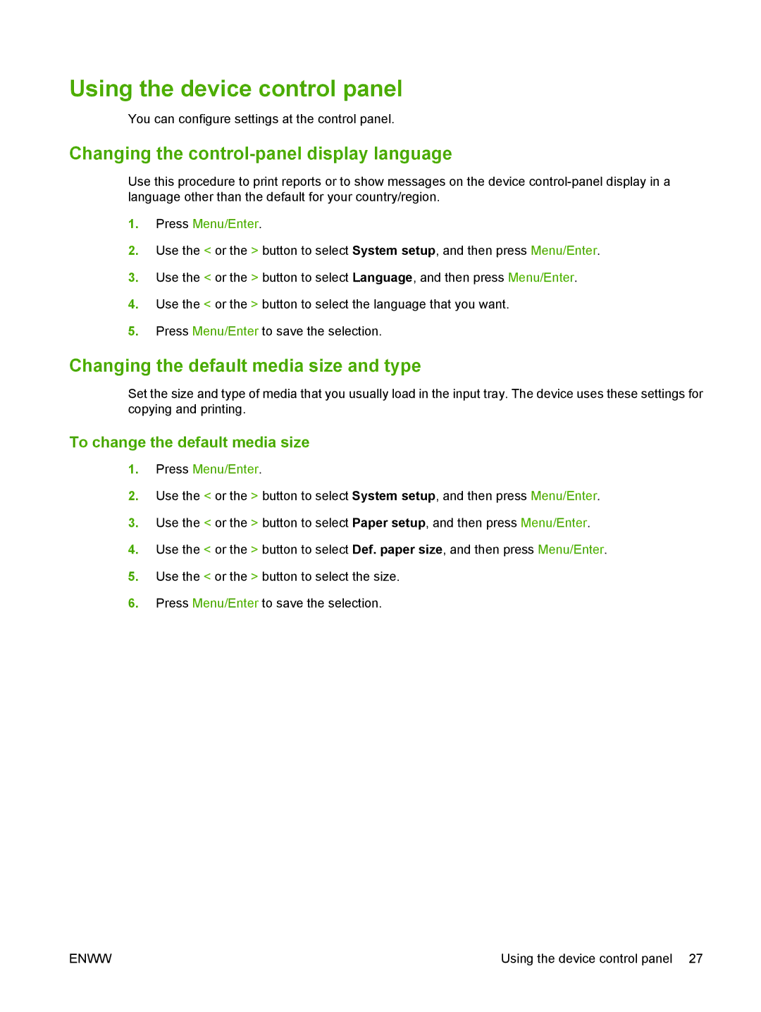 HP M1000 Using the device control panel, Changing the control-panel display language, To change the default media size 
