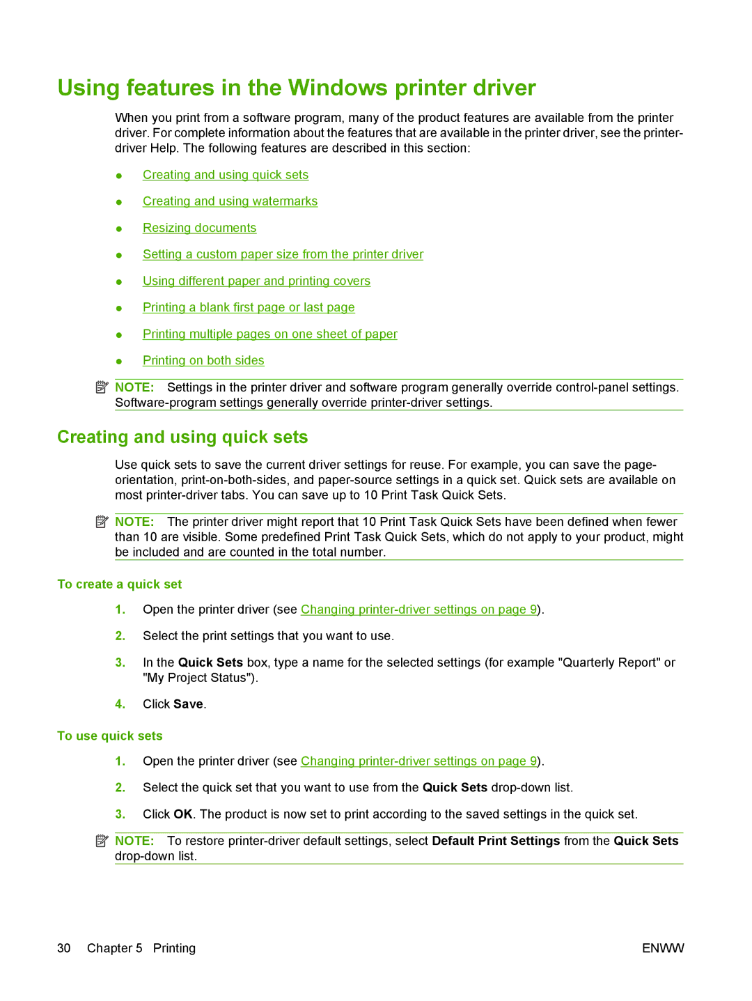 HP M1000 manual Using features in the Windows printer driver, Creating and using quick sets, To create a quick set 