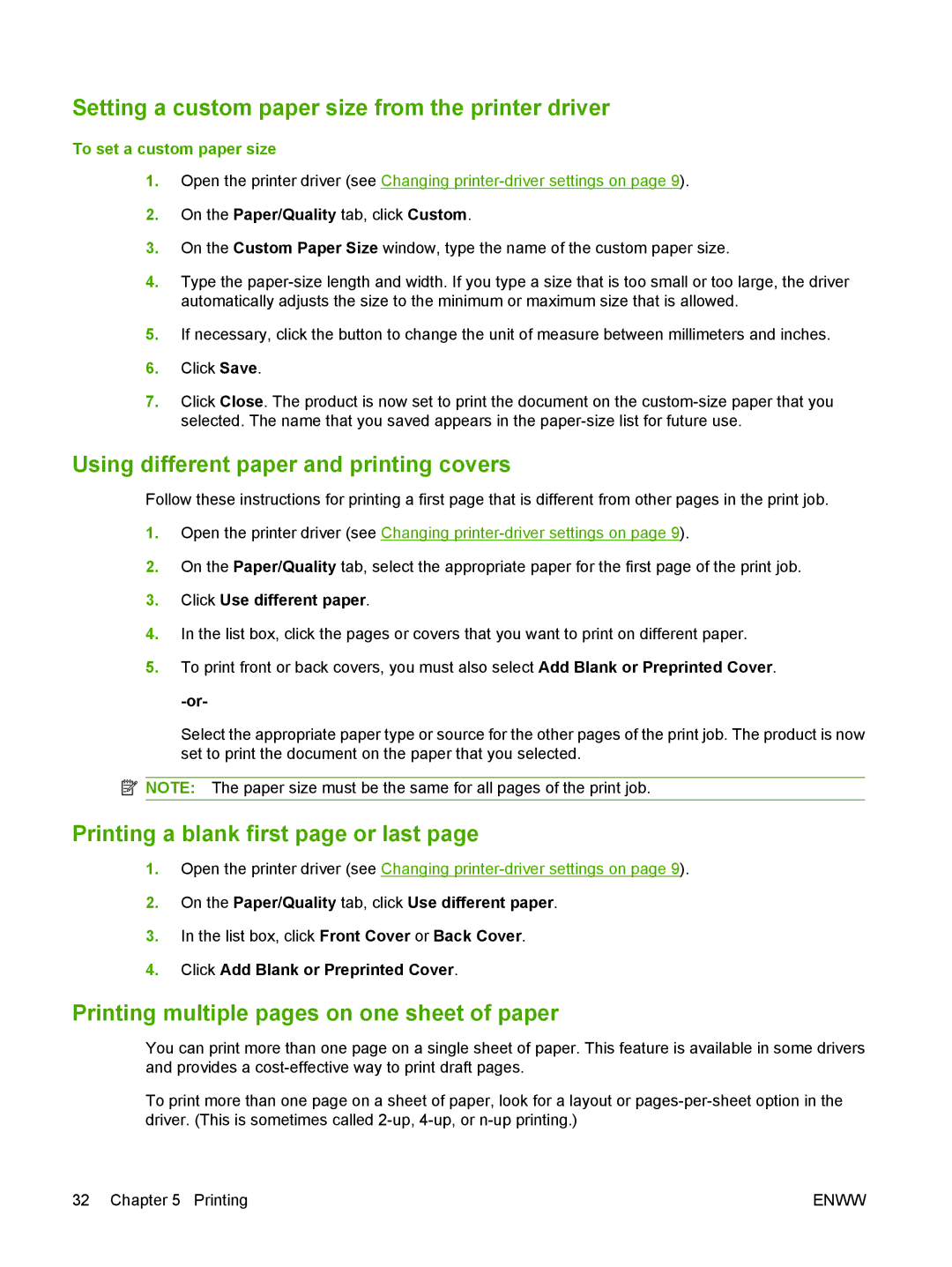 HP M1000 manual Setting a custom paper size from the printer driver, Using different paper and printing covers 