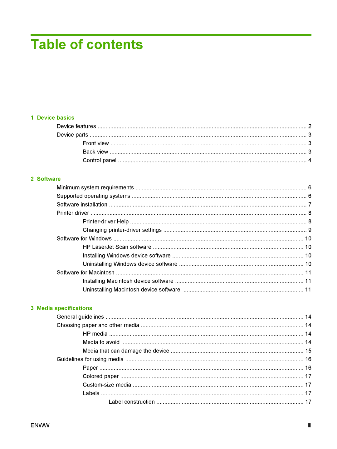 HP M1000 manual Table of contents 