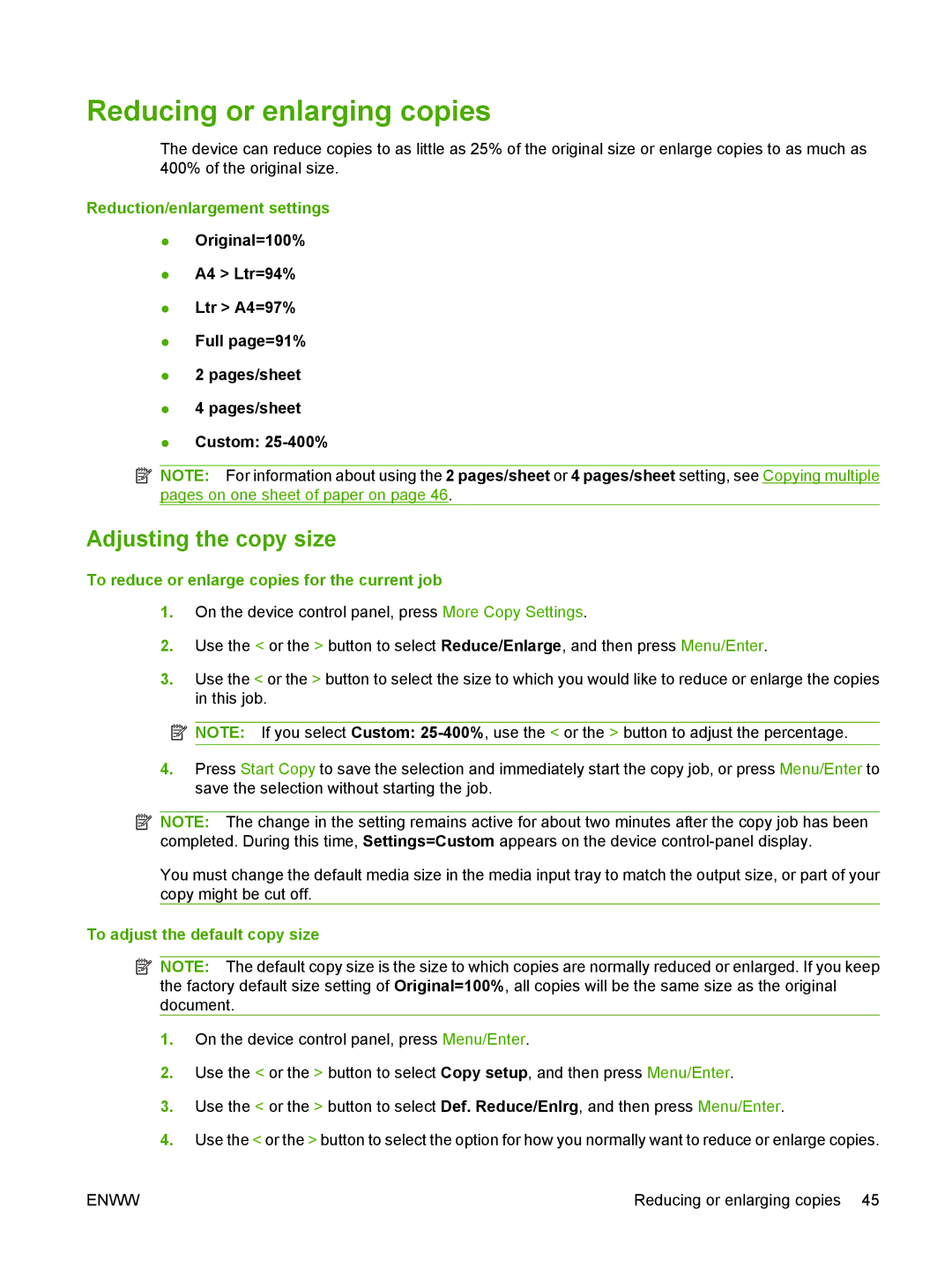 HP M1000 manual Reducing or enlarging copies, Adjusting the copy size, Reduction/enlargement settings 