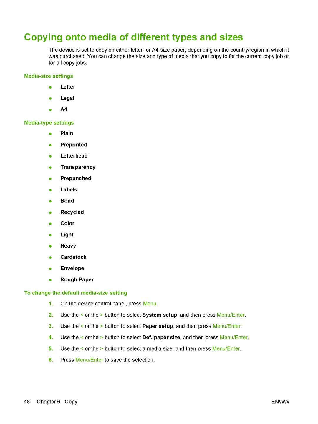 HP M1000 manual Copying onto media of different types and sizes, Media-size settings, Media-type settings 