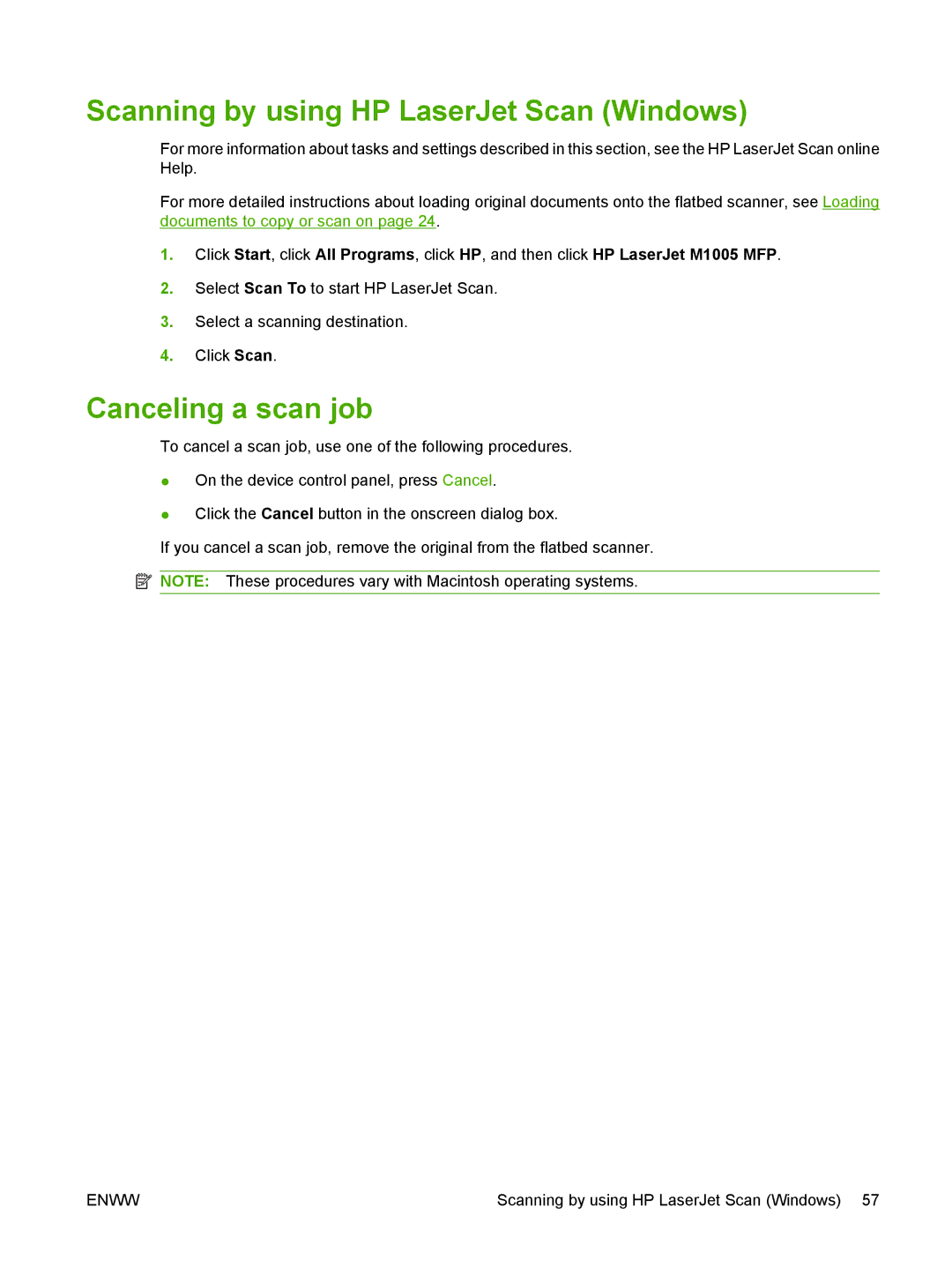 HP M1000 manual Scanning by using HP LaserJet Scan Windows, Canceling a scan job 