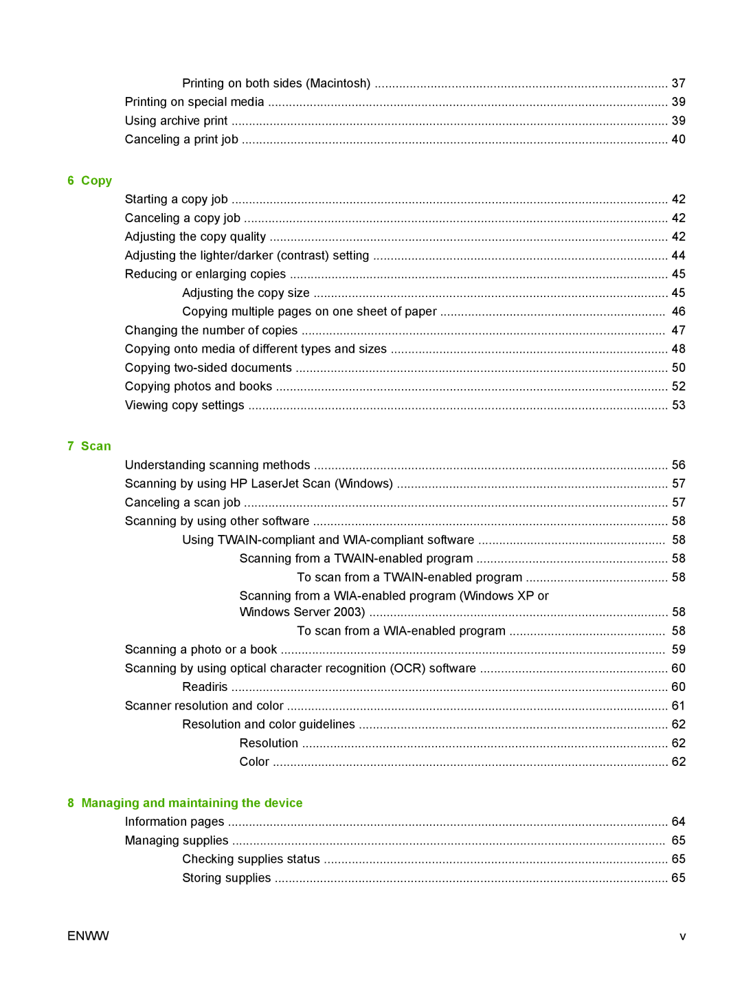 HP M1000 manual Copy, Scan, Managing and maintaining the device 