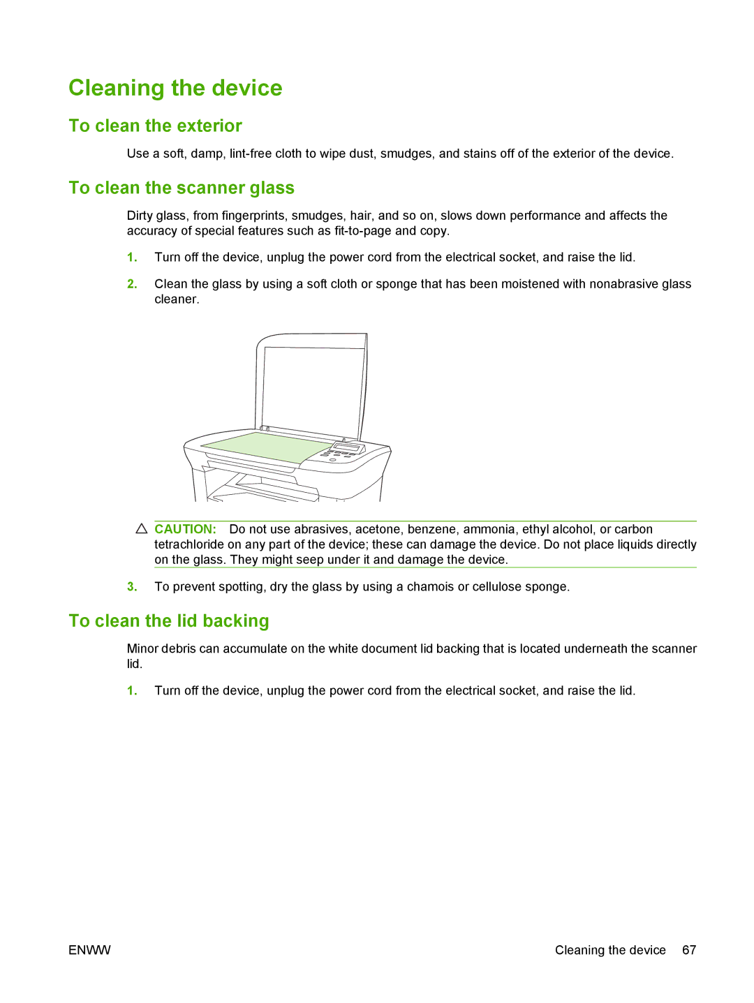 HP M1000 manual Cleaning the device, To clean the exterior, To clean the scanner glass, To clean the lid backing 