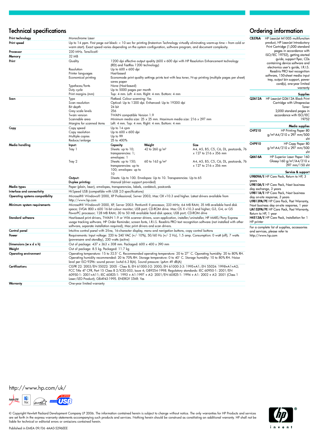 HP M1005 MFP manual Ordering information, Technical specifications 