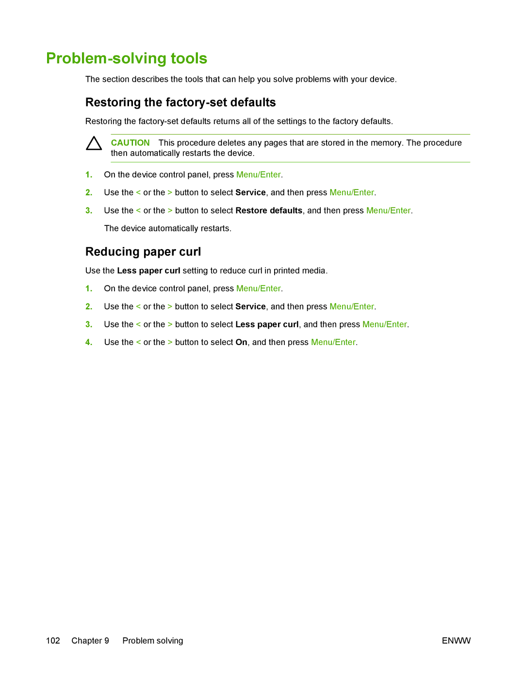 HP M1005 manual Problem-solving tools, Restoring the factory-set defaults, Reducing paper curl 