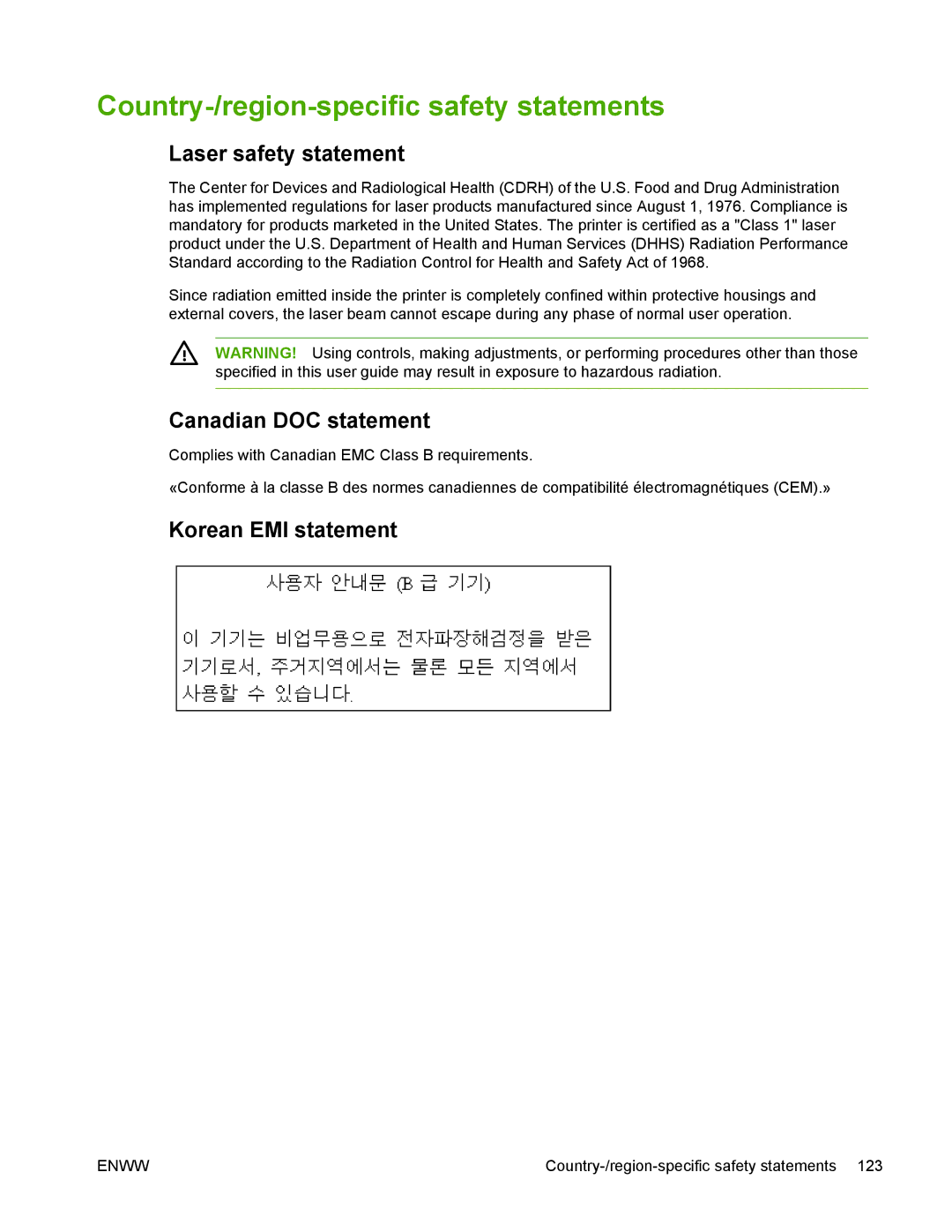 HP M1005 Country-/region-specific safety statements, Laser safety statement, Canadian DOC statement, Korean EMI statement 