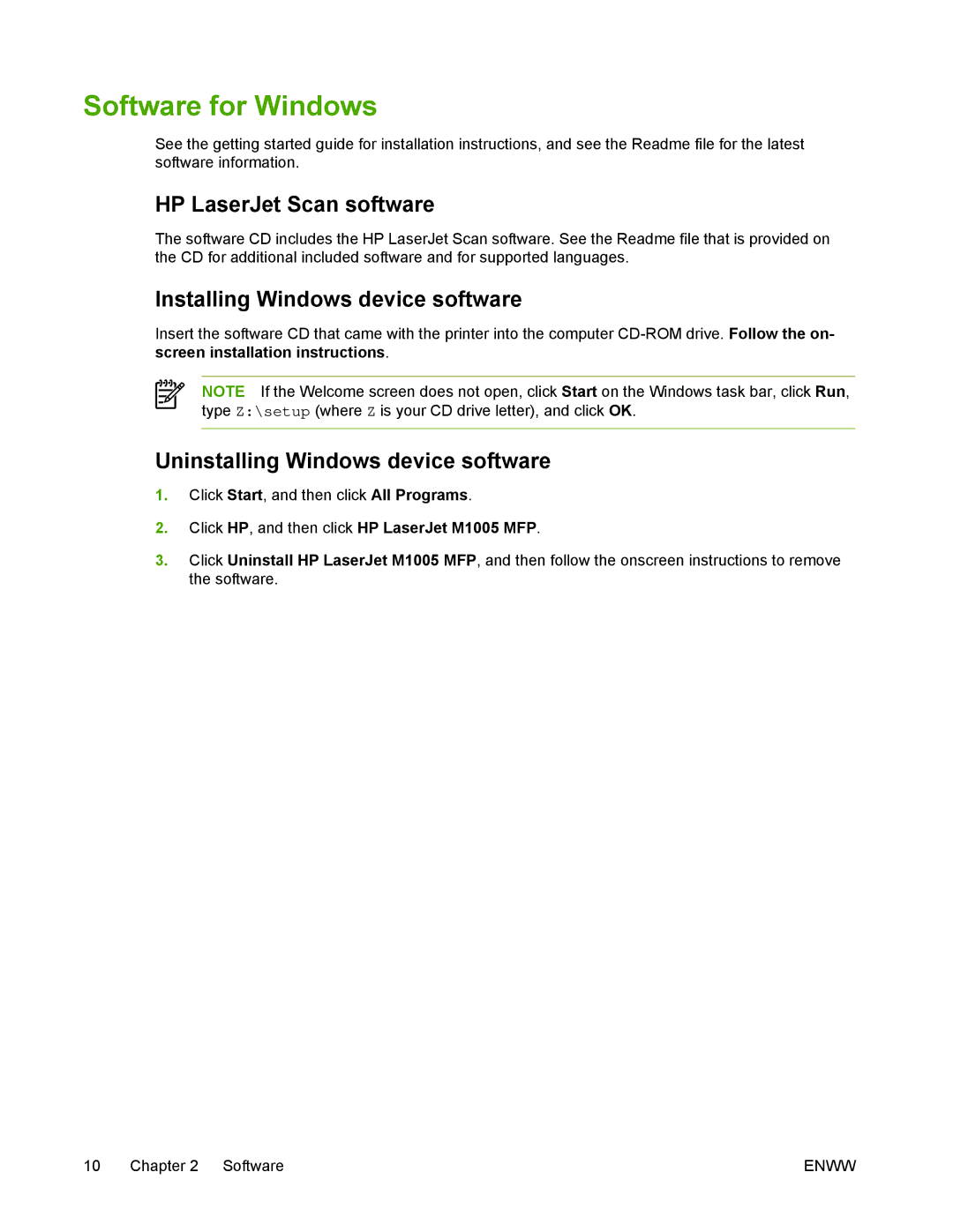 HP M1005 manual Software for Windows, HP LaserJet Scan software, Installing Windows device software 